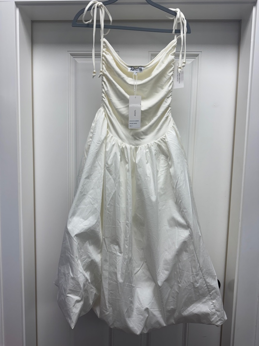 Amy Lynn Alexa Tie-Shoulder Midi Dress Poplin Drop Waist Bubble Skirt White - Picture 8 of 11